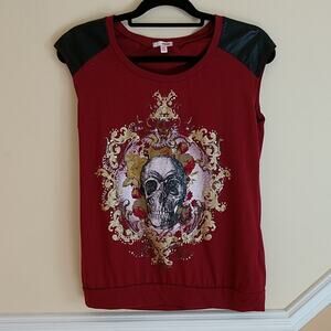 Bongo Red Glitter Skull Faux Leather Colorblock T-Shirt size Large